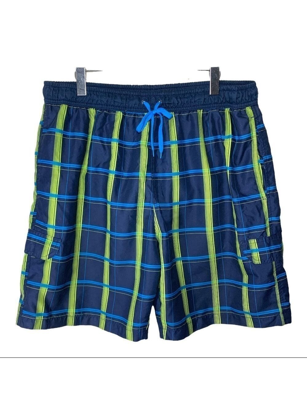 Vintage Hawaiian Plaid Swim Trunks Blue Relax Fit Cargo Shorts XL Built In Liner